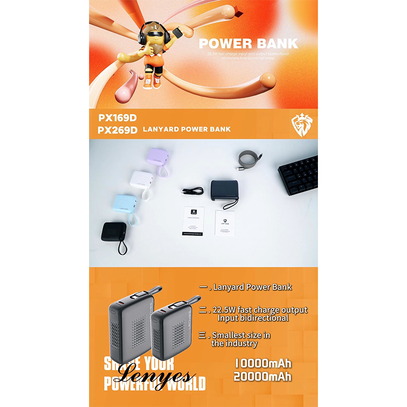 Power Bank Lenyes PX269D 20,000mAh Built-In Type-C Cable
