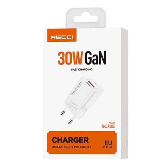 Recci RC70E 30W Dual Port Charger (USB-A + USB-C)