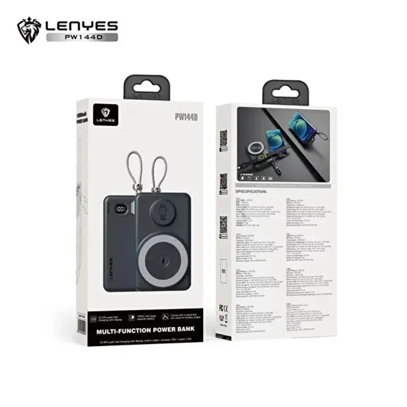 Power Bank Lenyes PW144D 10000mAh 22.5W Dual Built-In Cable MagSafe Watch Charger