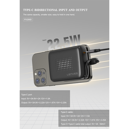 Power Bank Lenyes PX269D 20,000mAh Built-In Type-C Cable