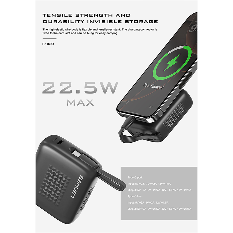 Power Bank Lenyes PX169D 22.5W 10,000 mAh, Built-in Type-C Cable