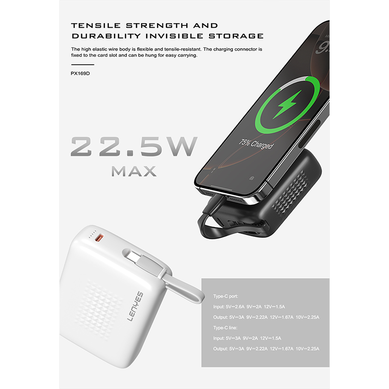 Power Bank Lenyes PX169D 22.5W 10,000 mAh, Built-in Type-C Cable