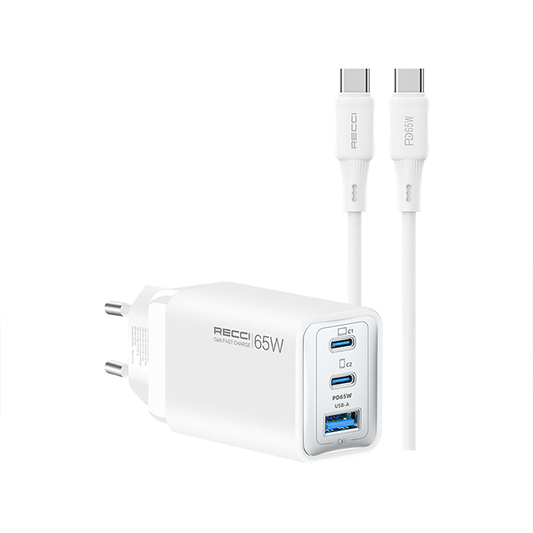 Recci RC123E GaN 65W Fast Charger Dual Type-C + USB-A 22.5W