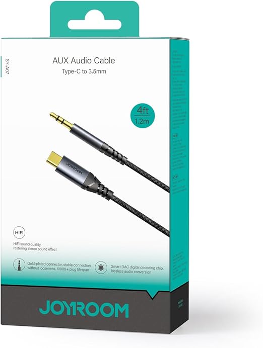 JoyRoom SY-A07 Audio-Transfer Series Type-C to 3.5mm AUX Audio Cable, 1.2 Meter Length, Black