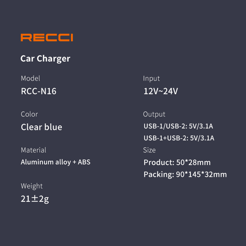 Recci Car Charger RCC-N16 15.5W DUAL PORTS