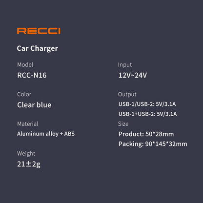 Recci Car Charger RCC-N16 15.5W DUAL PORTS