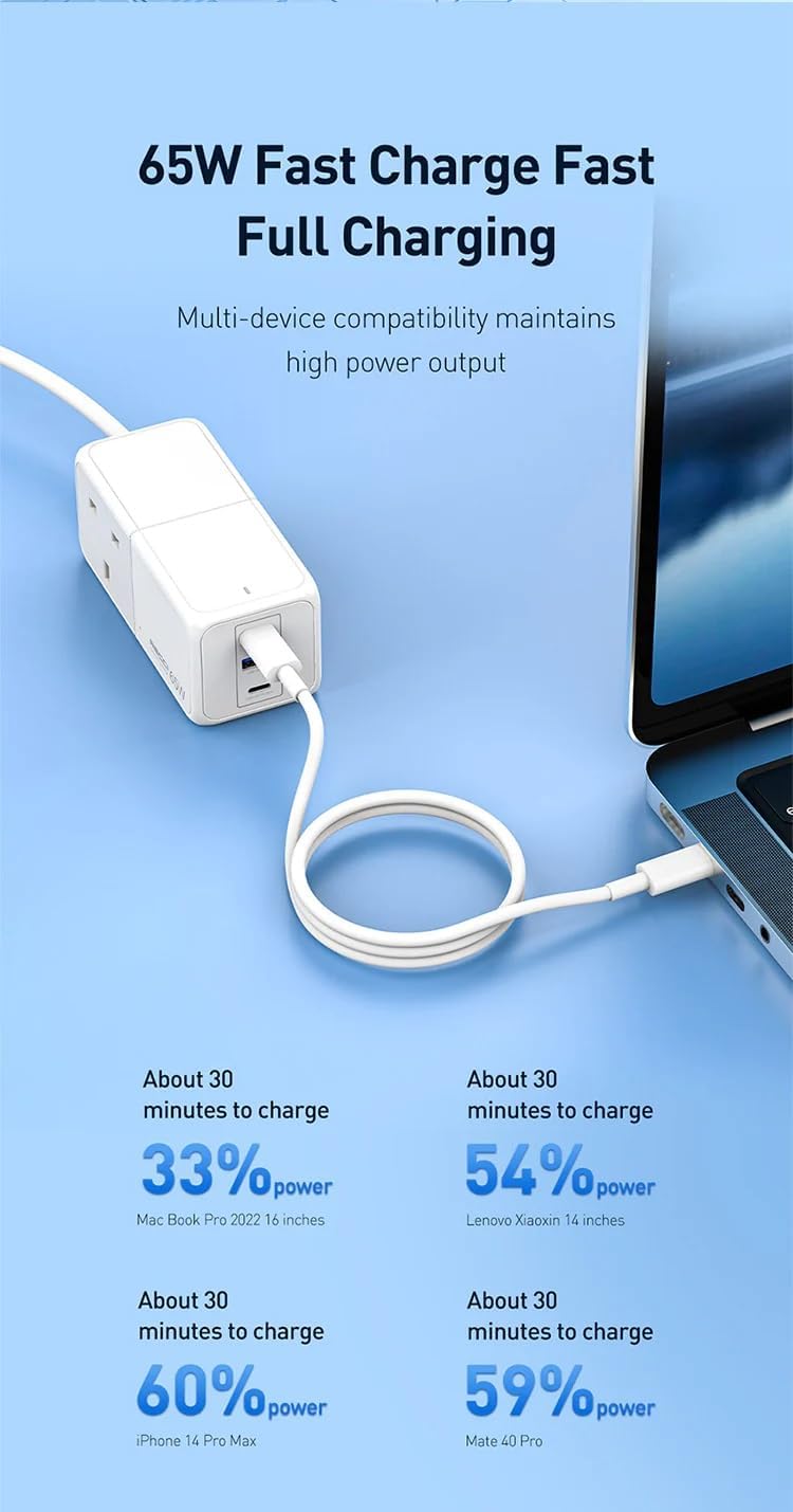 Recci RC48U Wall Charger, 3 Ports, 65W - White