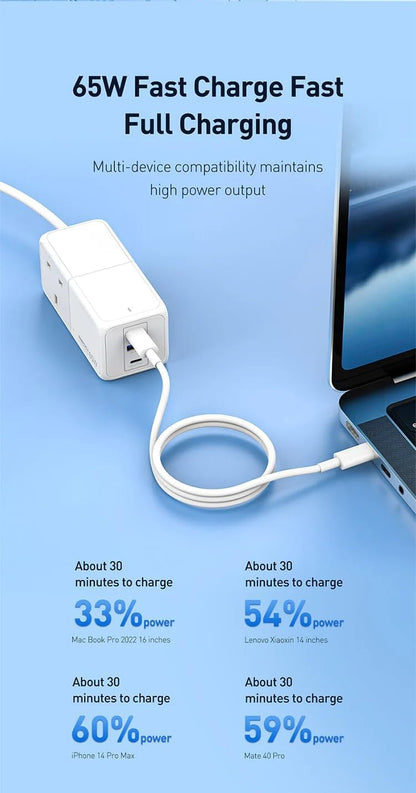 Recci RC48U Wall Charger, 3 Ports, 65W - White