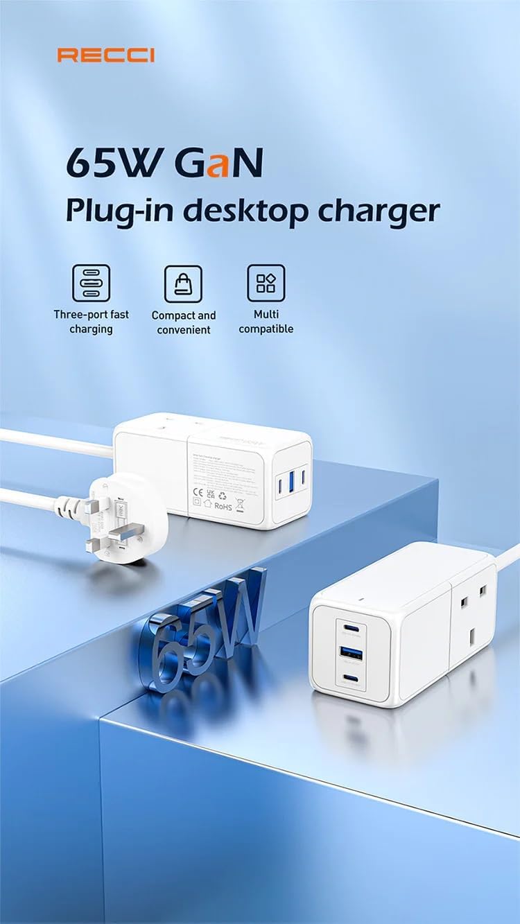 Recci RC48U Wall Charger, 3 Ports, 65W - White
