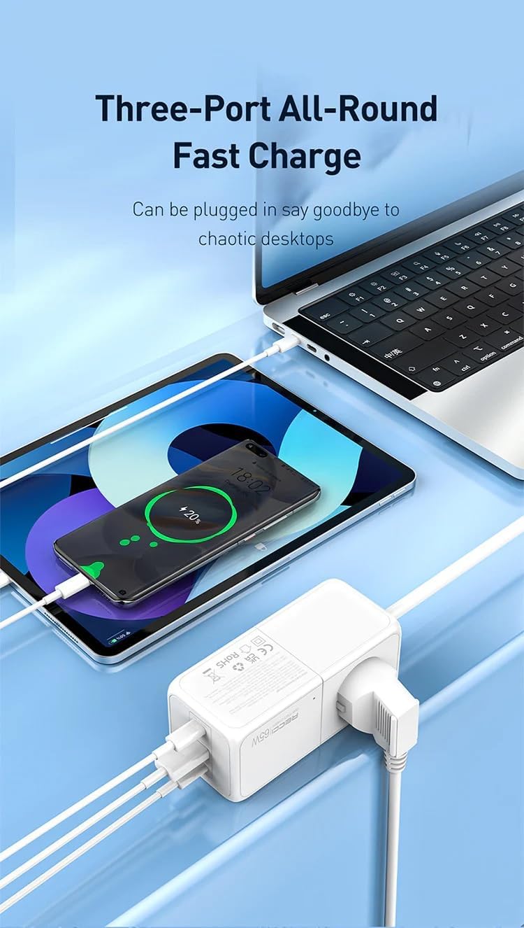 Recci RC48U Wall Charger, 3 Ports, 65W - White