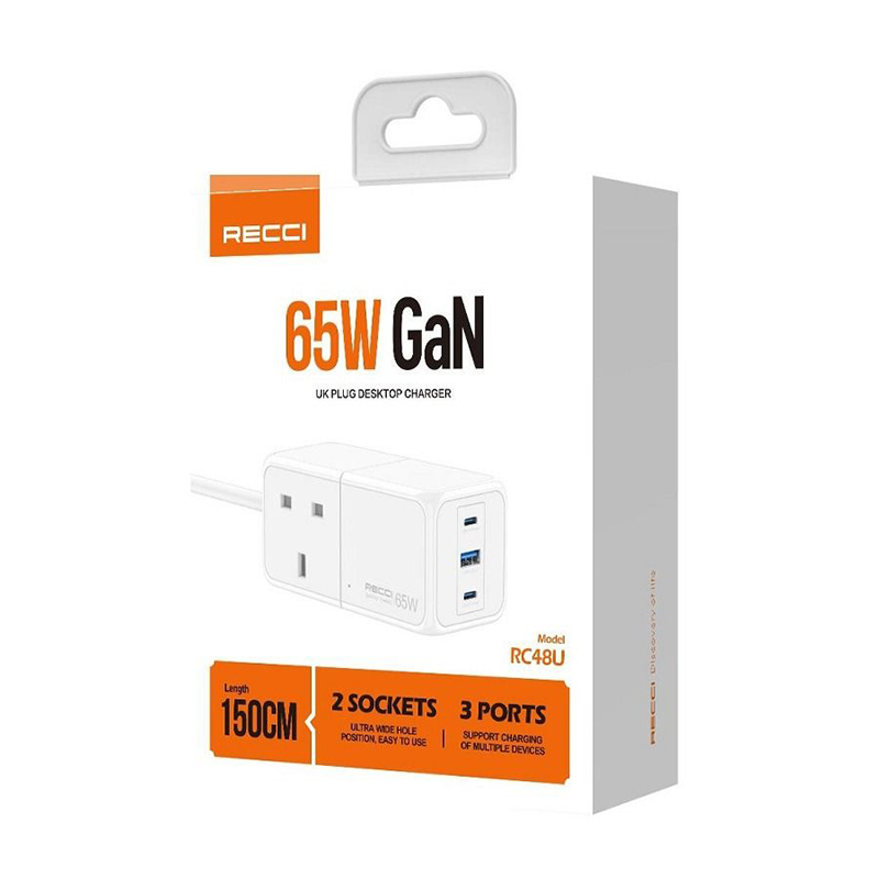 Recci RC48U Wall Charger, 3 Ports, 65W - White