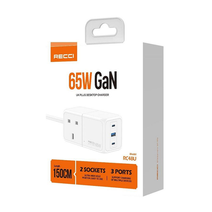 Recci RC48U Wall Charger, 3 Ports, 65W - White
