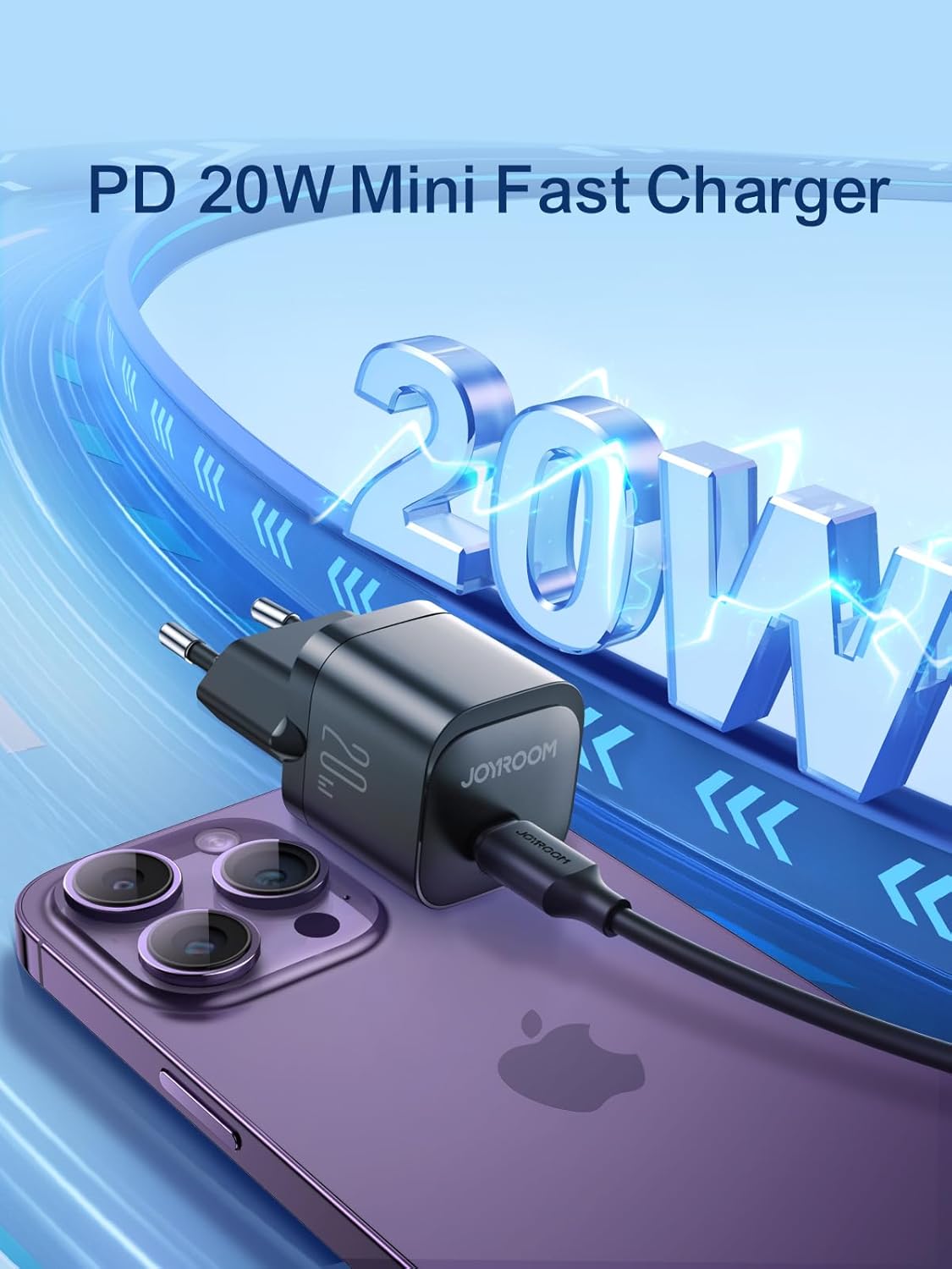 Joyroom JR-TCF02 PD 20W Mini Intelligent EU Fast Charger with C to C Cable, 1 Meter Length, Black
