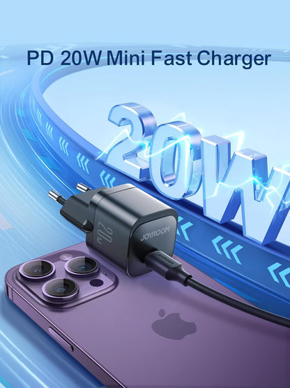 Joyroom JR-TCF02 PD 20W Mini Intelligent EU Fast Charger with C to C Cable, 1 Meter Length, Black