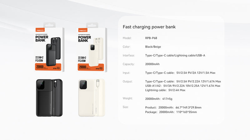 Recci Power Bank RPB-P68 22.5W PD 20W Fast Charging 20000 mAh