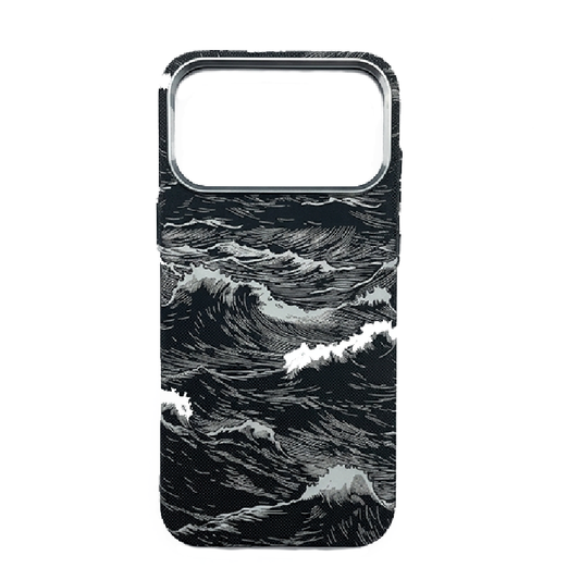 iPhone 17 Pro Max Case, Ultra-Thin, Black/Grey Sea Waves Design, Premium Woven Protection