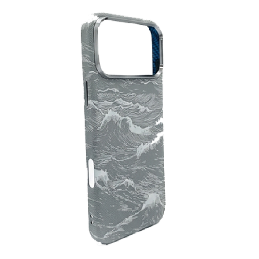iPhone 17 Pro Max Case, Ultra-Thin, Grey/White Sea Waves Design, Premium Woven Protection
