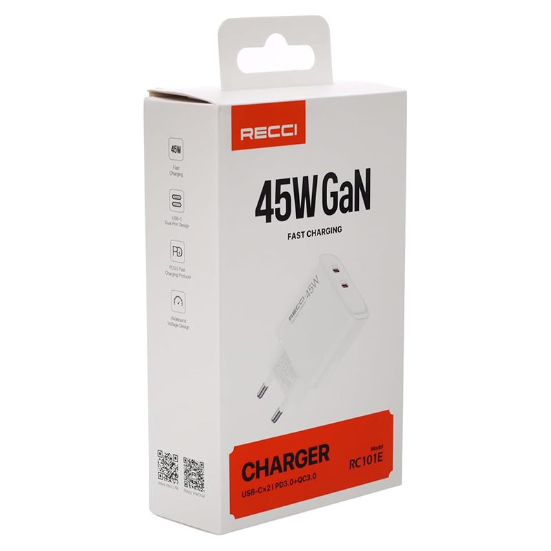 Recci Charger with Dual USB-C Ports 45W Gan EU Plug – RC101E