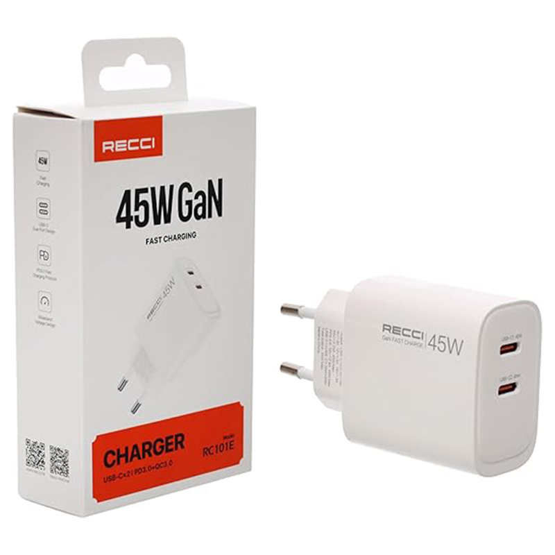 Recci Charger with Dual USB-C Ports 45W Gan EU Plug – RC101E