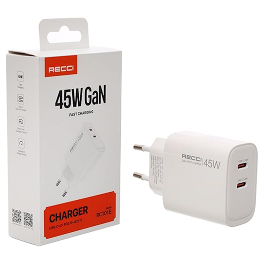 Recci Charger with Dual USB-C Ports 45W Gan EU Plug – RC101E