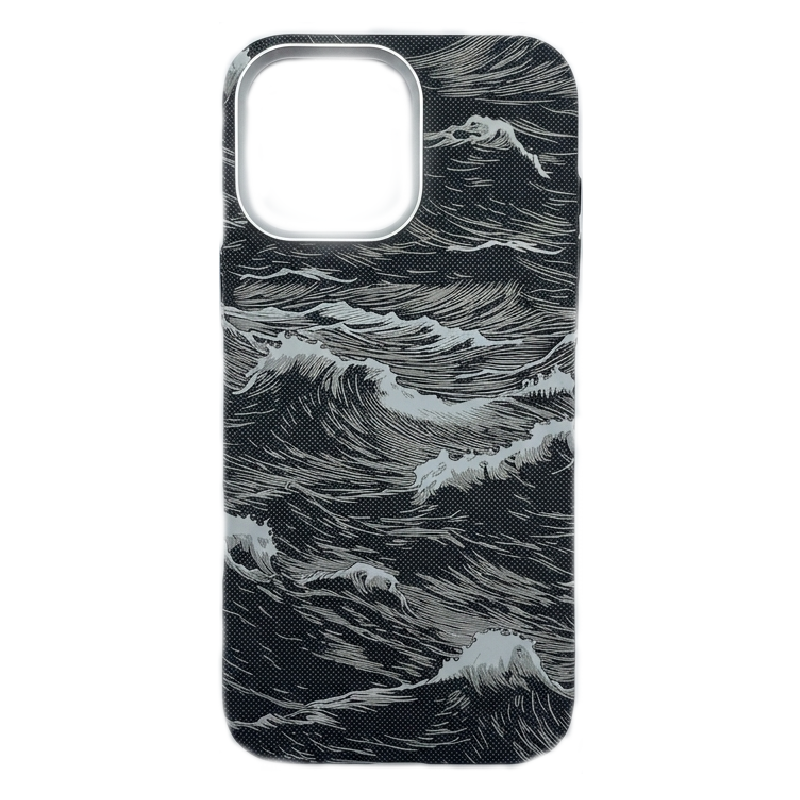iPhone 16 Pro Max Case, Ultra-Thin, Black/Grey Sea Waves Design, Premium Woven Protection