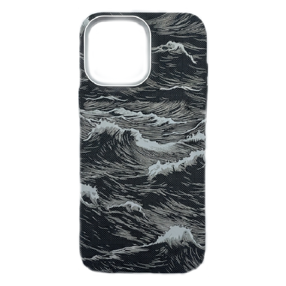 iPhone 16 Pro Max Case, Ultra-Thin, Black/Grey Sea Waves Design, Premium Woven Protection