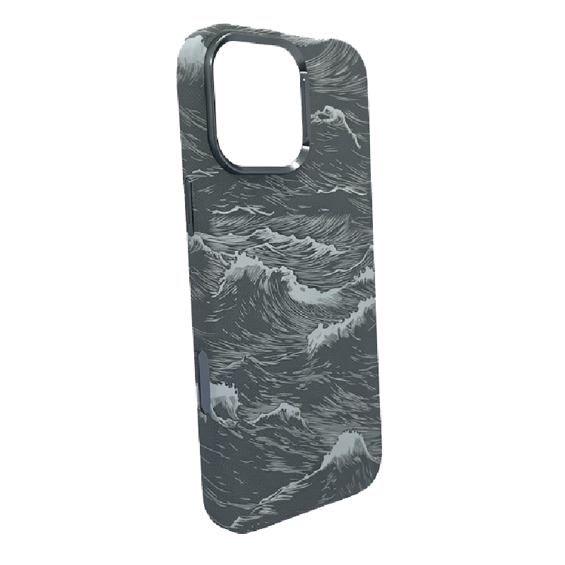 iPhone 16 Pro Max Case, Ultra-Thin, Grey/White Sea Waves Design, Premium Woven Protection