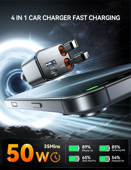 JOYROOM 4-in-1 Retractable Cable Car Charger, 65W, JR-CCL05