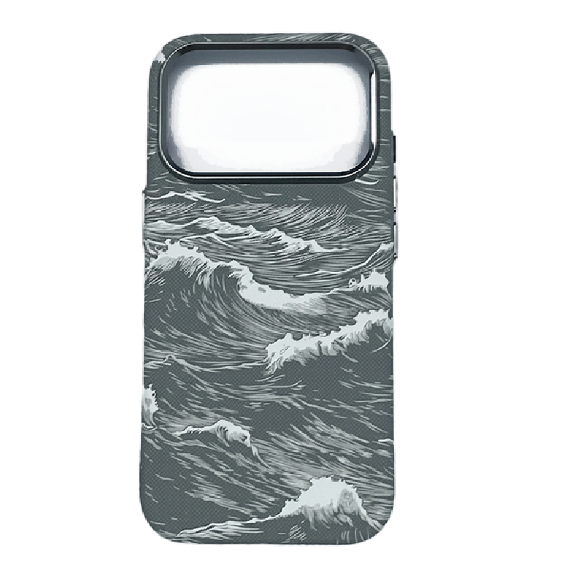 iPhone 17 Pro Case, Ultra-Thin, Grey/White Sea Waves Design, Premium Woven Protection